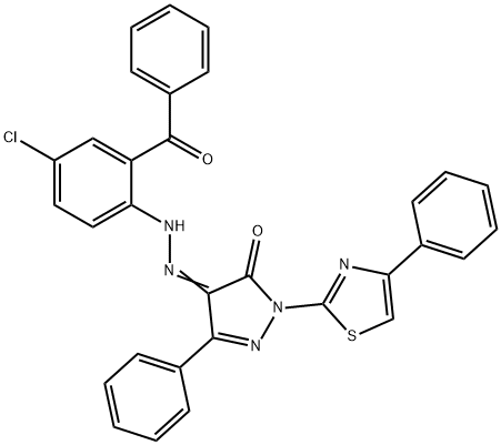 3-phenyl-1-(4-phenyl-1,3-thiazol-2-yl)-1H-pyrazole-4,5-dione 4-[(2-benzoyl-4-chlorophenyl)hydrazone] 结构式