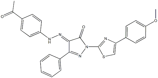 1-[4-(4-methoxyphenyl)-1,3-thiazol-2-yl]-3-phenyl-1H-pyrazole-4,5-dione 4-[(4-acetylphenyl)hydrazone] 结构式