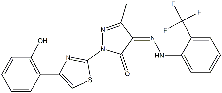 1-[4-(2-hydroxyphenyl)-1,3-thiazol-2-yl]-3-methyl-1H-pyrazole-4,5-dione 4-{[2-(trifluoromethyl)phenyl]hydrazone} 结构式