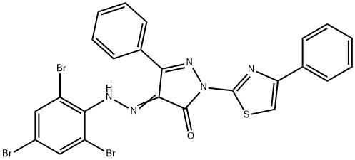 3-phenyl-1-(4-phenyl-1,3-thiazol-2-yl)-1H-pyrazole-4,5-dione 4-[(2,4,6-tribromophenyl)hydrazone] 结构式