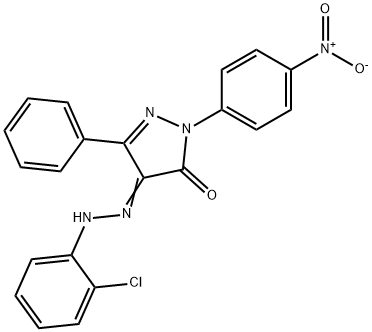 1-{4-nitrophenyl}-3-phenyl-1H-pyrazole-4,5-dione 4-[(2-chlorophenyl)hydrazone] 结构式