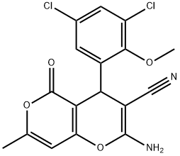 2-amino-4-(3,5-dichloro-2-methoxyphenyl)-7-methyl-5-oxo-4H,5H-pyrano[4,3-b]pyran-3-carbonitrile 结构式