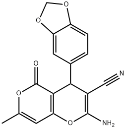 2-amino-4-(1,3-benzodioxol-5-yl)-7-methyl-5-oxo-4H,5H-pyrano[4,3-b]pyran-3-carbonitrile 结构式