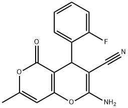 2-amino-4-(2-fluorophenyl)-7-methyl-5-oxo-4H,5H-pyrano[4,3-b]pyran-3-carbonitrile 结构式