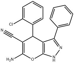 6-amino-4-(2-chlorophenyl)-3-phenyl-2,4-dihydropyrano[2,3-c]pyrazole-5-carbonitrile 结构式