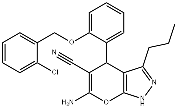 6-amino-4-{2-[(2-chlorobenzyl)oxy]phenyl}-3-propyl-2,4-dihydropyrano[2,3-c]pyrazole-5-carbonitrile 结构式