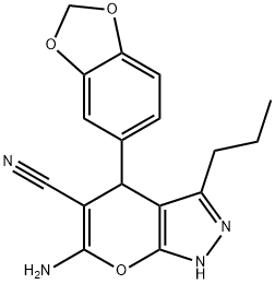 6-amino-4-(1,3-benzodioxol-5-yl)-3-propyl-2,4-dihydropyrano[2,3-c]pyrazole-5-carbonitrile 结构式