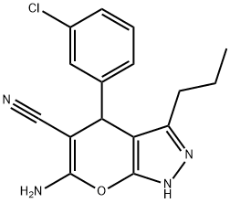 6-amino-4-(3-chlorophenyl)-3-propyl-2,4-dihydropyrano[2,3-c]pyrazole-5-carbonitrile 结构式