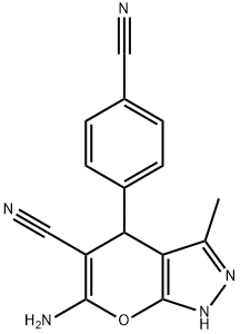 6-amino-4-(4-cyanophenyl)-3-methyl-1,4-dihydropyrano[2,3-c]pyrazole-5-carbonitrile 结构式