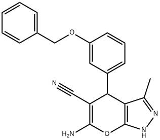 6-amino-4-[3-(benzyloxy)phenyl]-3-methyl-1,4-dihydropyrano[2,3-c]pyrazole-5-carbonitrile 结构式