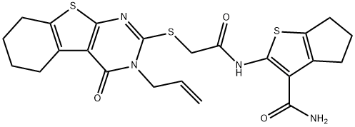 2-({[(3-allyl-4-oxo-3,4,5,6,7,8-hexahydro[1]benzothieno[2,3-d]pyrimidin-2-yl)sulfanyl]acetyl}amino)-5,6-dihydro-4H-cyclopenta[b]thiophene-3-carboxamide 结构式