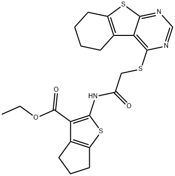 ethyl 2-{[(5,6,7,8-tetrahydro[1]benzothieno[2,3-d]pyrimidin-4-ylsulfanyl)acetyl]amino}-5,6-dihydro-4H-cyclopenta[b]thiophene-3-carboxylate 结构式