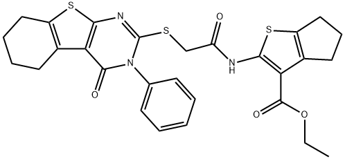 ethyl 2-({[(4-oxo-3-phenyl-3,4,5,6,7,8-hexahydro[1]benzothieno[2,3-d]pyrimidin-2-yl)sulfanyl]acetyl}amino)-5,6-dihydro-4H-cyclopenta[b]thiophene-3-carboxylate 结构式