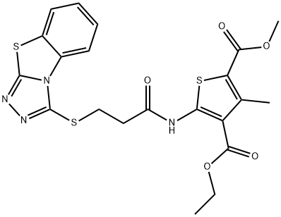 4-ethyl 2-methyl 3-methyl-5-{[3-([1,2,4]triazolo[3,4-b][1,3]benzothiazol-3-ylsulfanyl)propanoyl]amino}-2,4-thiophenedicarboxylate 结构式