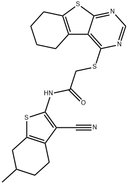 N-(3-cyano-6-methyl-4,5,6,7-tetrahydro-1-benzothien-2-yl)-2-(5,6,7,8-tetrahydro[1]benzothieno[2,3-d]pyrimidin-4-ylsulfanyl)acetamide 结构式