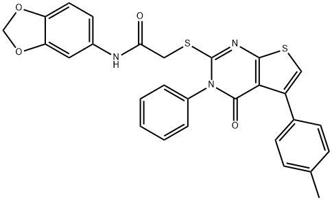 N-(1,3-benzodioxol-5-yl)-2-{[5-(4-methylphenyl)-4-oxo-3-phenyl-3,4-dihydrothieno[2,3-d]pyrimidin-2-yl]sulfanyl}acetamide 结构式