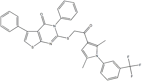 2-[(2-{2,5-dimethyl-1-[3-(trifluoromethyl)phenyl]-1H-pyrrol-3-yl}-2-oxoethyl)sulfanyl]-3,5-diphenylthieno[2,3-d]pyrimidin-4(3H)-one 结构式