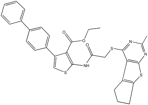 ethyl 4-[1,1'-biphenyl]-4-yl-2-({[(2-methyl-6,7-dihydro-5H-cyclopenta[4,5]thieno[2,3-d]pyrimidin-4-yl)sulfanyl]acetyl}amino)-3-thiophenecarboxylate 结构式