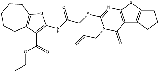 ethyl 2-({[(3-allyl-4-oxo-3,5,6,7-tetrahydro-4H-cyclopenta[4,5]thieno[2,3-d]pyrimidin-2-yl)sulfanyl]acetyl}amino)-5,6,7,8-tetrahydro-4H-cyclohepta[b]thiophene-3-carboxylate 结构式