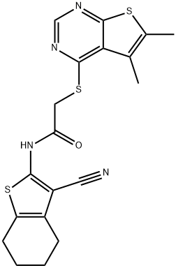 N-(3-cyano-4,5,6,7-tetrahydro-1-benzothien-2-yl)-2-[(5,6-dimethylthieno[2,3-d]pyrimidin-4-yl)sulfanyl]acetamide 结构式