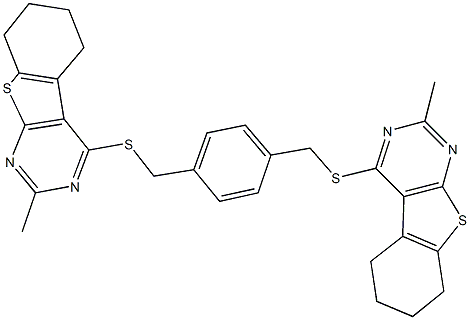 2-methyl-4-[(4-{[(2-methyl-5,6,7,8-tetrahydro[1]benzothieno[2,3-d]pyrimidin-4-yl)sulfanyl]methyl}benzyl)sulfanyl]-5,6,7,8-tetrahydro[1]benzothieno[2,3-d]pyrimidine 结构式