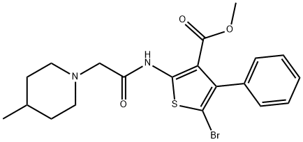 methyl 5-bromo-2-{[(4-methyl-1-piperidinyl)acetyl]amino}-4-phenyl-3-thiophenecarboxylate 结构式