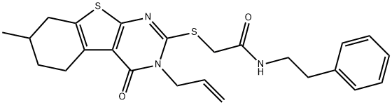 2-[(3-allyl-7-methyl-4-oxo-3,4,5,6,7,8-hexahydro[1]benzothieno[2,3-d]pyrimidin-2-yl)sulfanyl]-N-(2-phenylethyl)acetamide 结构式