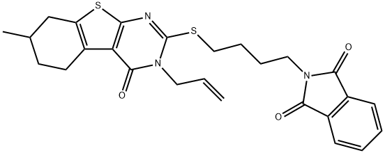 2-{4-[(3-allyl-7-methyl-4-oxo-3,4,5,6,7,8-hexahydro[1]benzothieno[2,3-d]pyrimidin-2-yl)sulfanyl]butyl}-1H-isoindole-1,3(2H)-dione 结构式