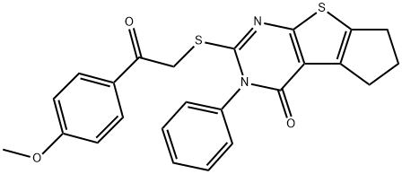 2-{[2-(4-methoxyphenyl)-2-oxoethyl]sulfanyl}-3-phenyl-3,5,6,7-tetrahydro-4H-cyclopenta[4,5]thieno[2,3-d]pyrimidin-4-one 结构式