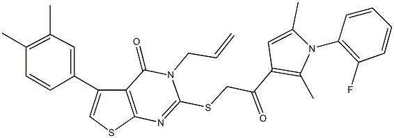 3-allyl-5-(3,4-dimethylphenyl)-2-({2-[1-(2-fluorophenyl)-2,5-dimethyl-1H-pyrrol-3-yl]-2-oxoethyl}sulfanyl)thieno[2,3-d]pyrimidin-4(3H)-one 结构式