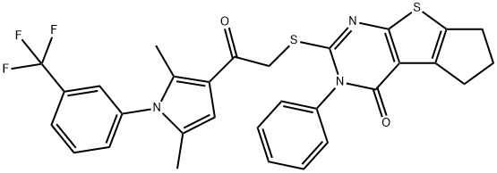 2-[(2-{2,5-dimethyl-1-[3-(trifluoromethyl)phenyl]-1H-pyrrol-3-yl}-2-oxoethyl)sulfanyl]-3-phenyl-3,5,6,7-tetrahydro-4H-cyclopenta[4,5]thieno[2,3-d]pyrimidin-4-one 结构式