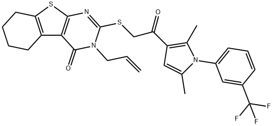 3-allyl-2-[(2-{2,5-dimethyl-1-[3-(trifluoromethyl)phenyl]-1H-pyrrol-3-yl}-2-oxoethyl)sulfanyl]-5,6,7,8-tetrahydro[1]benzothieno[2,3-d]pyrimidin-4(3H)-one 结构式