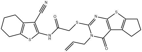 2-[(3-allyl-4-oxo-3,5,6,7-tetrahydro-4H-cyclopenta[4,5]thieno[2,3-d]pyrimidin-2-yl)sulfanyl]-N-(3-cyano-4,5,6,7-tetrahydro-1-benzothien-2-yl)acetamide 结构式