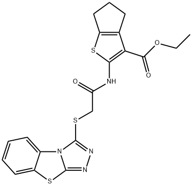 ethyl 2-{[([1,2,4]triazolo[3,4-b][1,3]benzothiazol-3-ylsulfanyl)acetyl]amino}-5,6-dihydro-4H-cyclopenta[b]thiophene-3-carboxylate 结构式