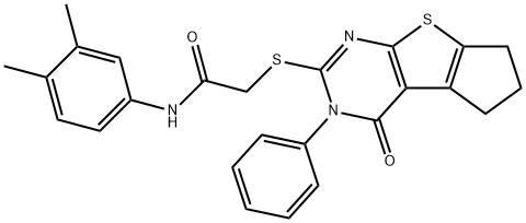 N-(3,4-dimethylphenyl)-2-[(4-oxo-3-phenyl-3,5,6,7-tetrahydro-4H-cyclopenta[4,5]thieno[2,3-d]pyrimidin-2-yl)sulfanyl]acetamide 结构式
