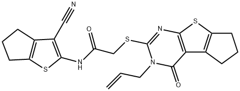 2-[(3-allyl-4-oxo-3,5,6,7-tetrahydro-4H-cyclopenta[4,5]thieno[2,3-d]pyrimidin-2-yl)sulfanyl]-N-(3-cyano-5,6-dihydro-4H-cyclopenta[b]thien-2-yl)acetamide 结构式