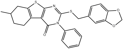 2-[(1,3-benzodioxol-5-ylmethyl)sulfanyl]-7-methyl-3-phenyl-5,6,7,8-tetrahydro[1]benzothieno[2,3-d]pyrimidin-4(3H)-one 结构式