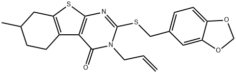 3-allyl-2-[(1,3-benzodioxol-5-ylmethyl)sulfanyl]-7-methyl-5,6,7,8-tetrahydro[1]benzothieno[2,3-d]pyrimidin-4(3H)-one 结构式