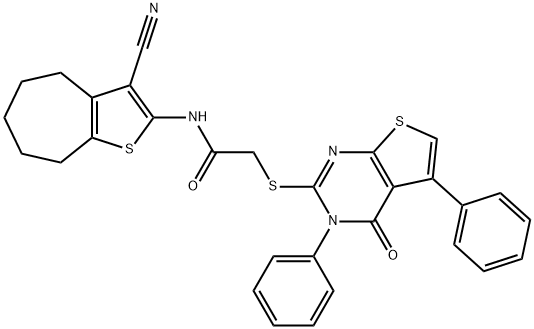 N-(3-cyano-5,6,7,8-tetrahydro-4H-cyclohepta[b]thien-2-yl)-2-[(4-oxo-3,5-diphenyl-3,4-dihydrothieno[2,3-d]pyrimidin-2-yl)sulfanyl]acetamide 结构式