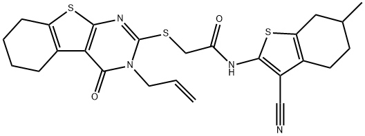 2-[(3-allyl-4-oxo-3,4,5,6,7,8-hexahydro[1]benzothieno[2,3-d]pyrimidin-2-yl)sulfanyl]-N-(3-cyano-6-methyl-4,5,6,7-tetrahydro-1-benzothien-2-yl)acetamide 结构式