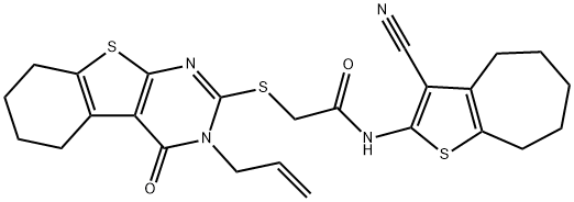 2-[(3-allyl-4-oxo-3,4,5,6,7,8-hexahydro[1]benzothieno[2,3-d]pyrimidin-2-yl)sulfanyl]-N-(3-cyano-5,6,7,8-tetrahydro-4H-cyclohepta[b]thien-2-yl)acetamide 结构式