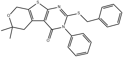 2-(benzylsulfanyl)-6,6-dimethyl-3-phenyl-3,5,6,8-tetrahydro-4H-pyrano[4',3':4,5]thieno[2,3-d]pyrimidin-4-one 结构式