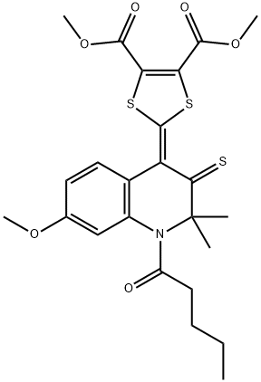 dimethyl 2-(7-methoxy-2,2-dimethyl-1-pentanoyl-3-thioxo-2,3-dihydro-4(1H)-quinolinylidene)-1,3-dithiole-4,5-dicarboxylate 结构式