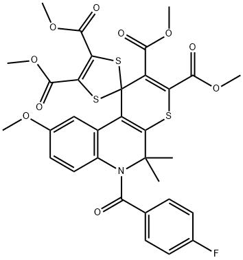 tetramethyl 6'-(4-fluorobenzoyl)-9'-methoxy-5',5'-dimethyl-5',6'-dihydrospiro[1,3-dithiole-2,1'-(1'H)-thiopyrano[2,3-c]quinoline]-2',3',4,5-tetracarboxylate 结构式