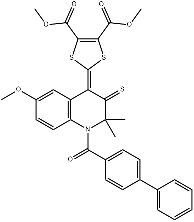 dimethyl 2-(1-([1,1'-biphenyl]-4-ylcarbonyl)-6-methoxy-2,2-dimethyl-3-thioxo-2,3-dihydro-4(1H)-quinolinylidene)-1,3-dithiole-4,5-dicarboxylate 结构式