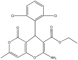 ethyl 2-amino-4-(2,6-dichlorophenyl)-7-methyl-5-oxo-4H,5H-pyrano[4,3-b]pyran-3-carboxylate 结构式