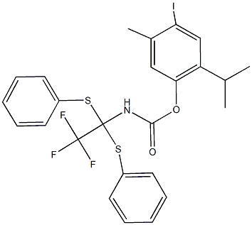 4-iodo-2-isopropyl-5-methylphenyl 2,2,2-trifluoro-1,1-bis(phenylsulfanyl)ethylcarbamate 结构式