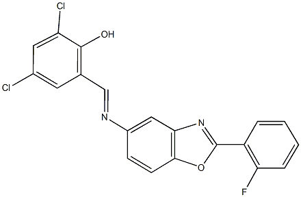 2,4-dichloro-6-({[2-(2-fluorophenyl)-1,3-benzoxazol-5-yl]imino}methyl)phenol 结构式