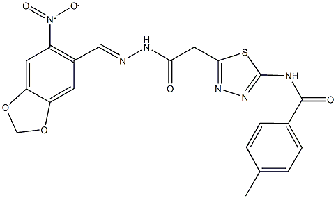 N-(5-{2-[2-({6-nitro-1,3-benzodioxol-5-yl}methylene)hydrazino]-2-oxoethyl}-1,3,4-thiadiazol-2-yl)-4-methylbenzamide 结构式