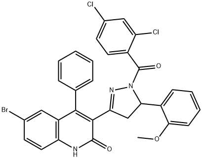 6-bromo-3-{1-[(2,4-dichlorophenyl)carbonyl]-5-[2-(methyloxy)phenyl]-4,5-dihydro-1H-pyrazol-3-yl}-4-phenylquinolin-2(1H)-one 结构式